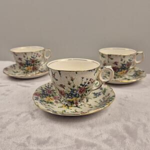 RARE VTG Royal Winton Queen Anne Chintz 3 Footed Cup & Saucer Set England 1930s